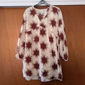 Boho Celestial Sun Elegant Cream and Brown Women's Mini Dress Floaty Medium